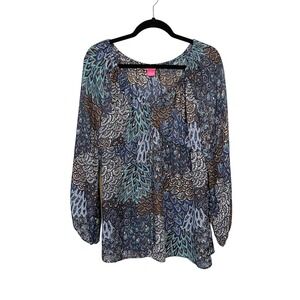 Sunny Leigh Women's Peacock V Neck Tie Front Long Sleeve Blouse Top Size XL